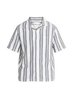 No Boundaries Men's Textured Short Sleeve Shirt Ivory Grey Stripe